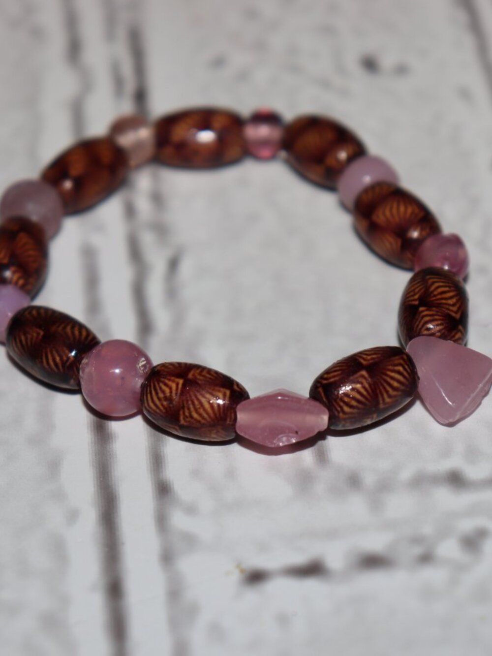💗🤎✨ NWOT Wooden & Glass Beaded Bracelet · 7" · Elastic